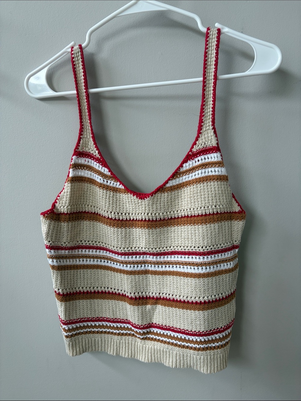 Sadie & Sage Cream Knit Striped Tank with Red & Tan Accents